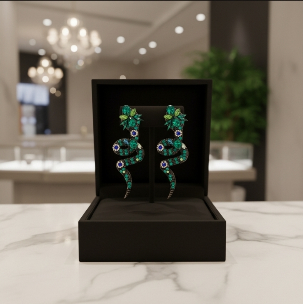 Colorful Rhinestone Snake Dangle Stud Earrings - Picture 6 of 7